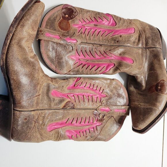 Johnny Ringo Women 8 1/2 B Riding Boot Brown Pink Point Toe Mid Calf Leather - Picture 2 of 15